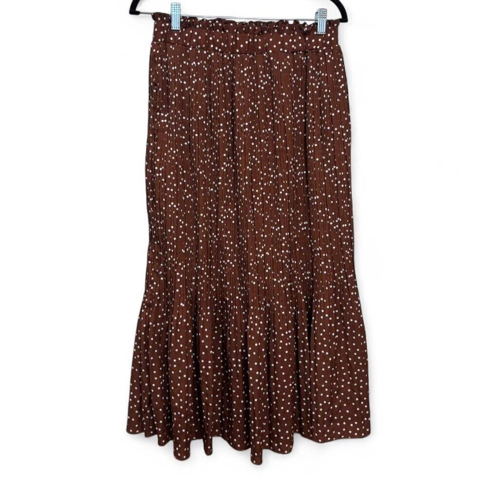 Brown Pleated Midi Skirt w/ White Polka Dots – Size L | Elastic Waist‎